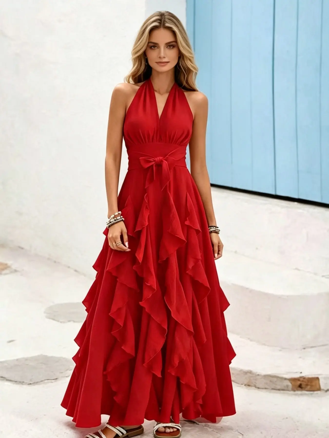 Women Halter V‑Neck Sleeveless Maxi Dress, Back Crisscross Cutout With Ruffle A‑Line Flowy Long Dress, Bow Waist Cinching Elegant Dress For All‑Occasion Wear