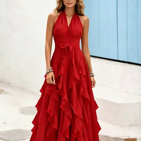 Women Halter V‑Neck Sleeveless Maxi Dress, Bow Cinched Waist, Back Crisscross Cutout, Ruffle Flowy A‑Line Long Dress, Elegant Feminine Figure‑Flattering Dress For Wedding Guest, Party, Beach Vacation, Date Night & Special Occasions