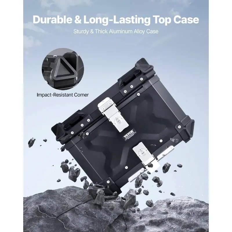 VEVOR Universal Fit Aluminum Alloy Motorcycle Top Case, 45L Waterproof Lockable Tail Storage Box with Leather Lining, Detachable Back Cushion, Compatible with 99% of Motorcycle Frames