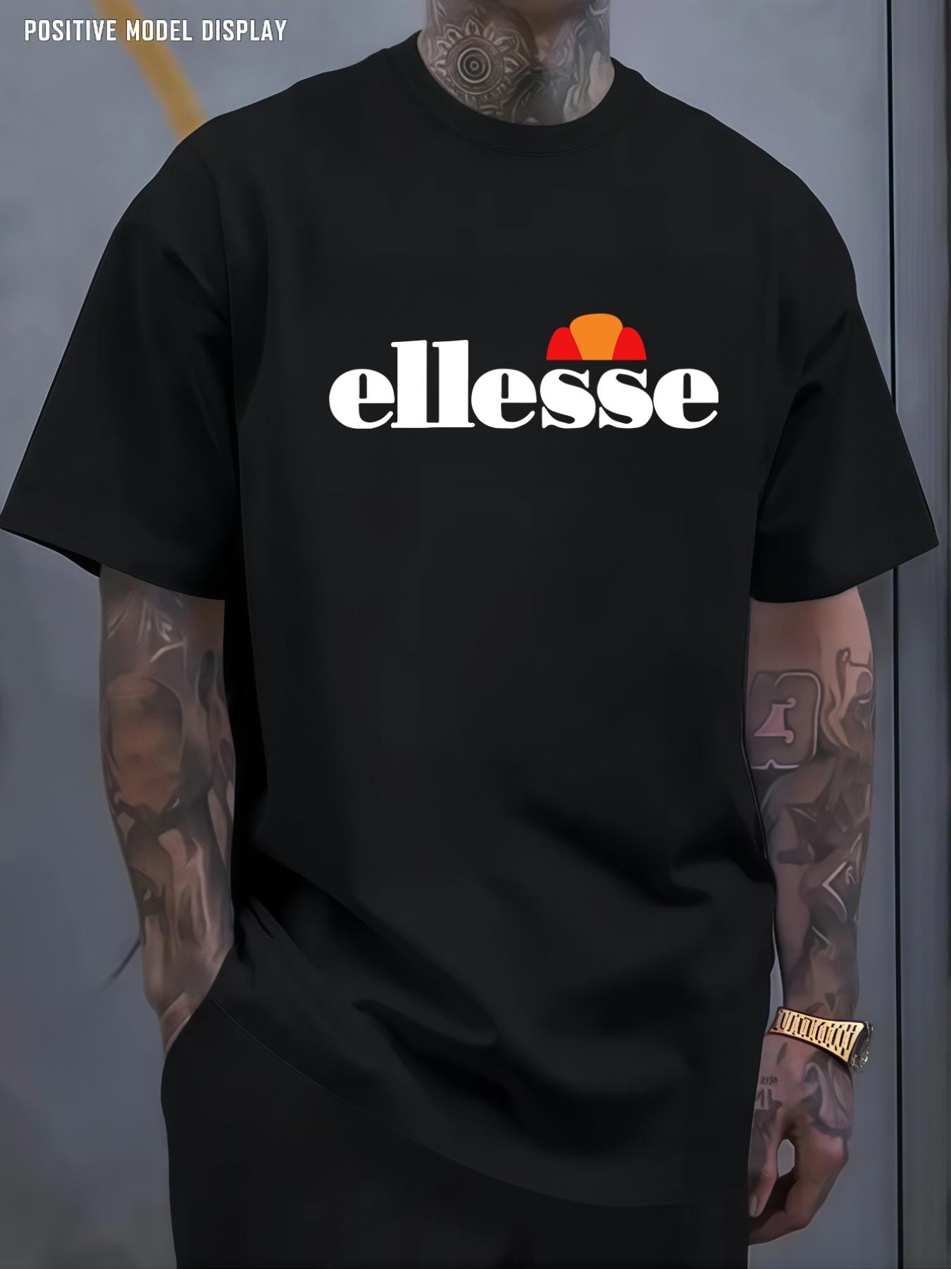 Men's Vintage Street T-Shirt, Fun Letter Ellesse Pattern Print, Loose Round Neck, Lightweight Comfort, Casual Wear for All Seasons