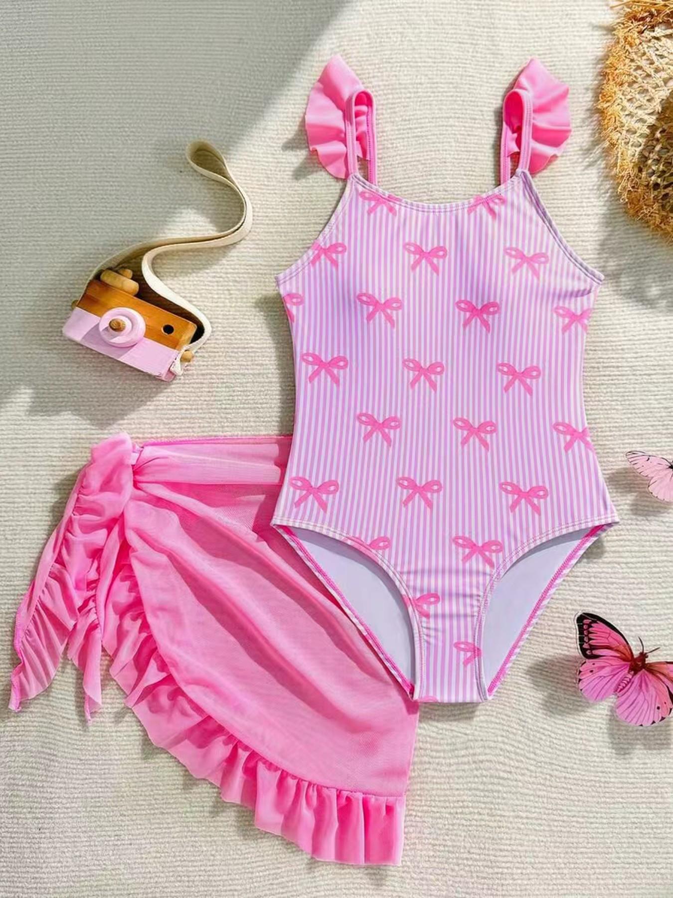 New Bowknot Printed Halter One-Piece Swimsuit, European Style Big Girls Swimwear, Sleeveless Two-Piece Beach Swimming Suit, Summer Swimwear, Tween Swimsuits
