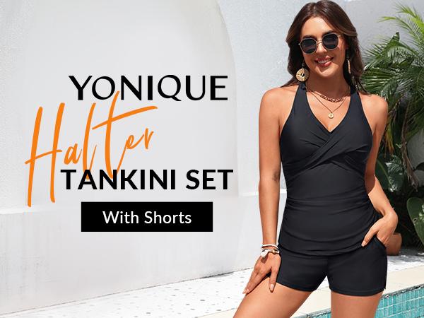 Yonique Women Tankini Swimsuit with Shorts - Halter Two Piece Swimsuit with Pocket Tummy Control Bathing Suit Swimwear Yonique Women Tankini Swimsuit with Shorts - Halter Two Piece Swimsuit with Pocket Tummy Control Bathing Suit Swimwear