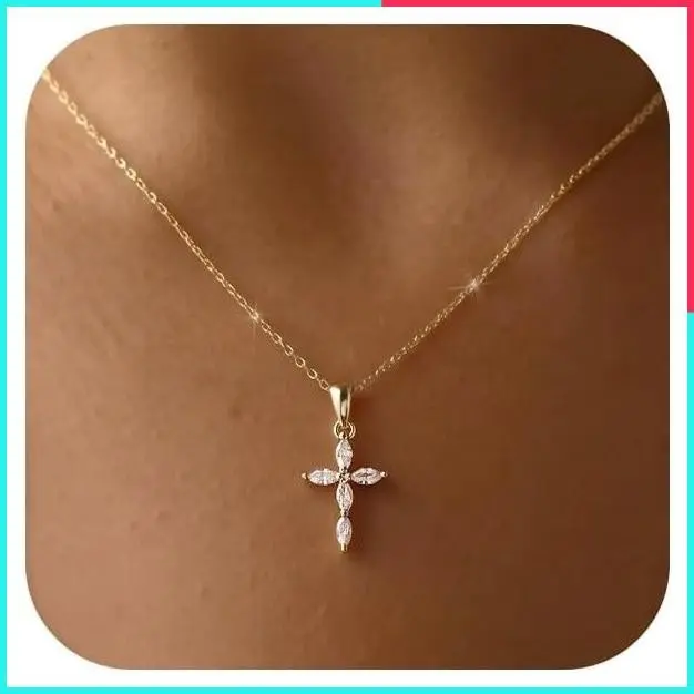 Dainty 14K Gold Plated Cross Necklace for Women with Marquise Cubic Zirconia Charm, Adjustable Chain, Hypoallergenic & Waterproof, Trendy Christian Faith Jewelry, Religious Gifts
