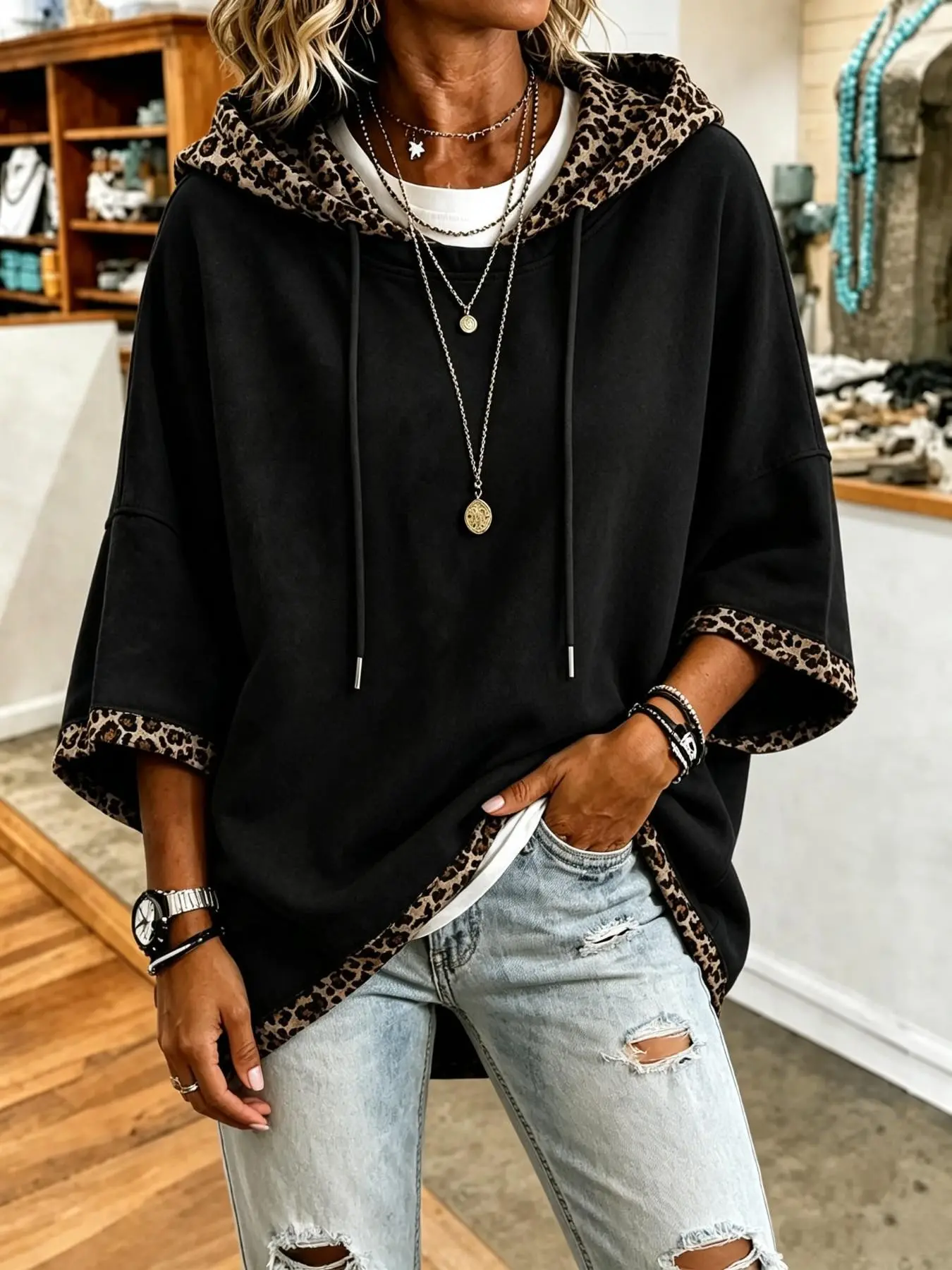 Women's Leopard Print Hooded Sweatshirt, Vintage Street Style, Loose Fit, Long Sleeve, Drawstring, Casual Top, Color Blocking