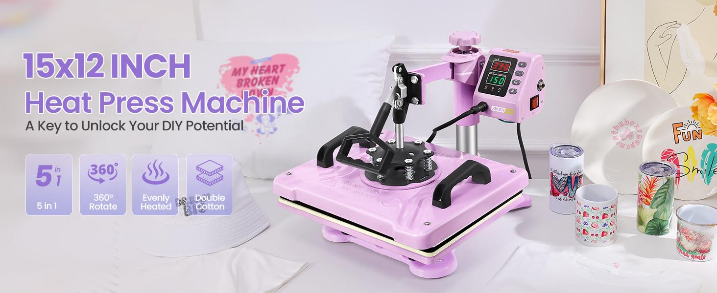 AKEYDIY Purple Pink Heat Press Machine 5 in 1 for Tshirts, Heat Transfer Machine, 15''x12'' Heat Printing Press for Sublimation Combo with 360° Swing Away for Hat Cap Mug Plate,Christmas Gifts for DIY Lovers,Mother's Day Gifts