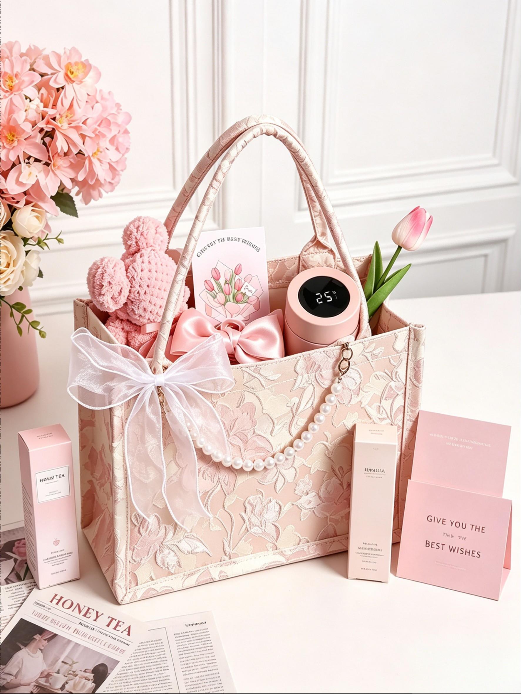 1 Set Exquisite Embroidered Gift Handbag Set with Ribbon, Tulip & Card | Vintage Floral Design Party Souvenir | Professional Gift Packaging for Festivals & Celebrations