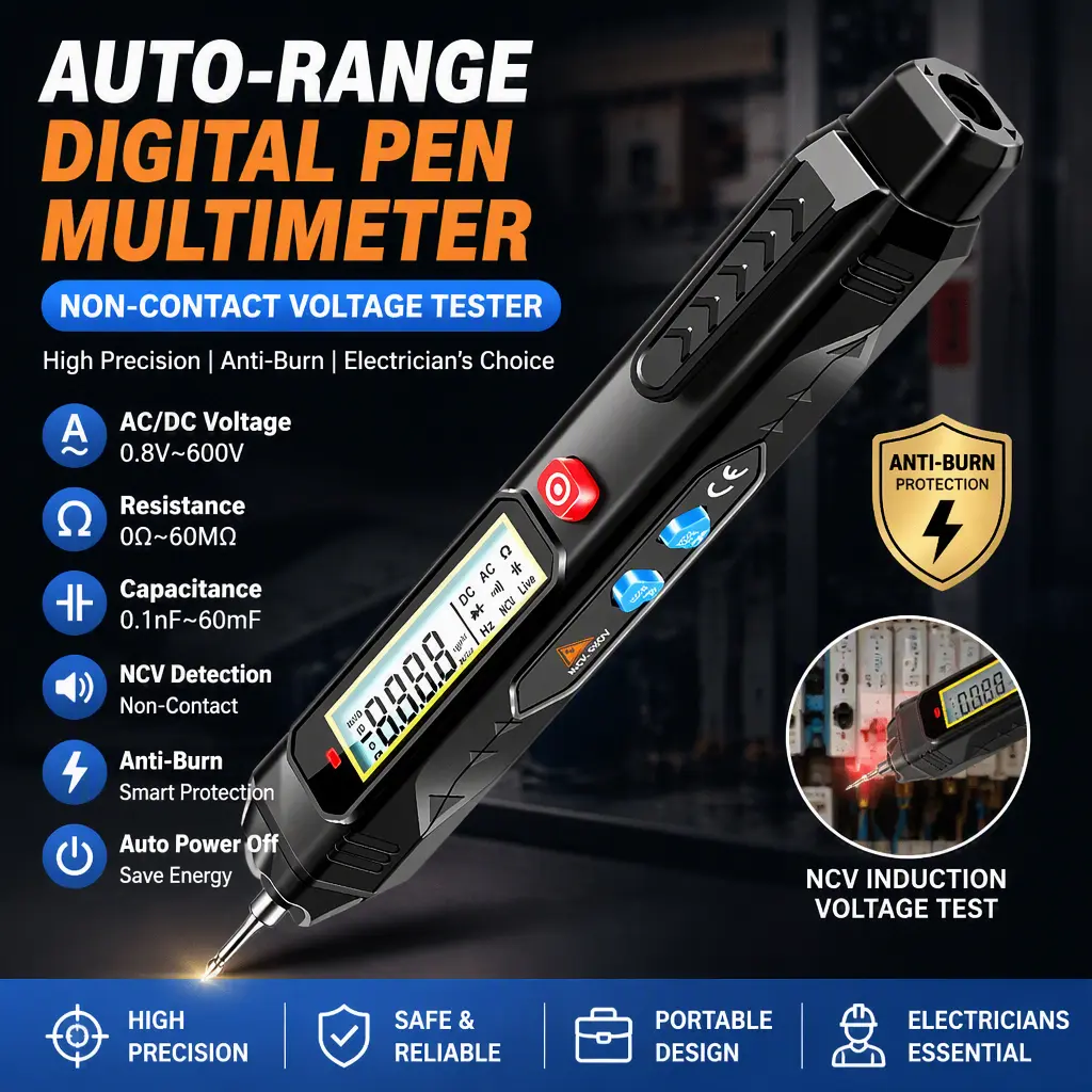 Auto‑Ranging Pen Style Multimeter, Digital Display Multi‑Function Voltage Detector Pen, Anti‑Burn Handheld Electrical Tester for Circuit Inspection