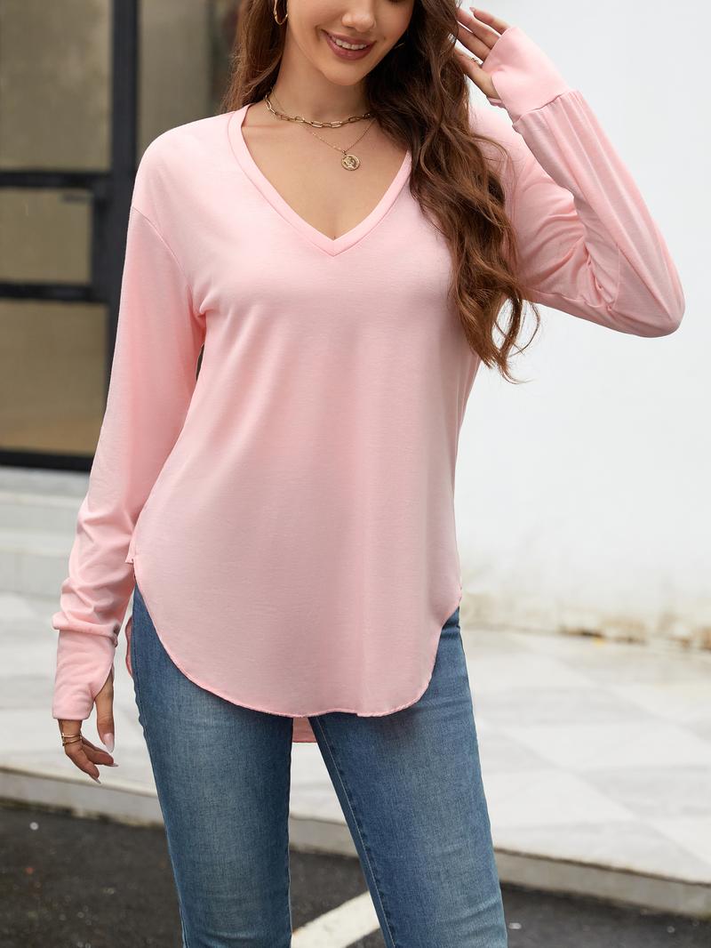 Renaishow Womens Deep V Neck Tunic Tops Long Sleeve Oversized Casual Loose Fit Curved Hem T Shirts with Thumb Holes Blouses Light Breathable Solid