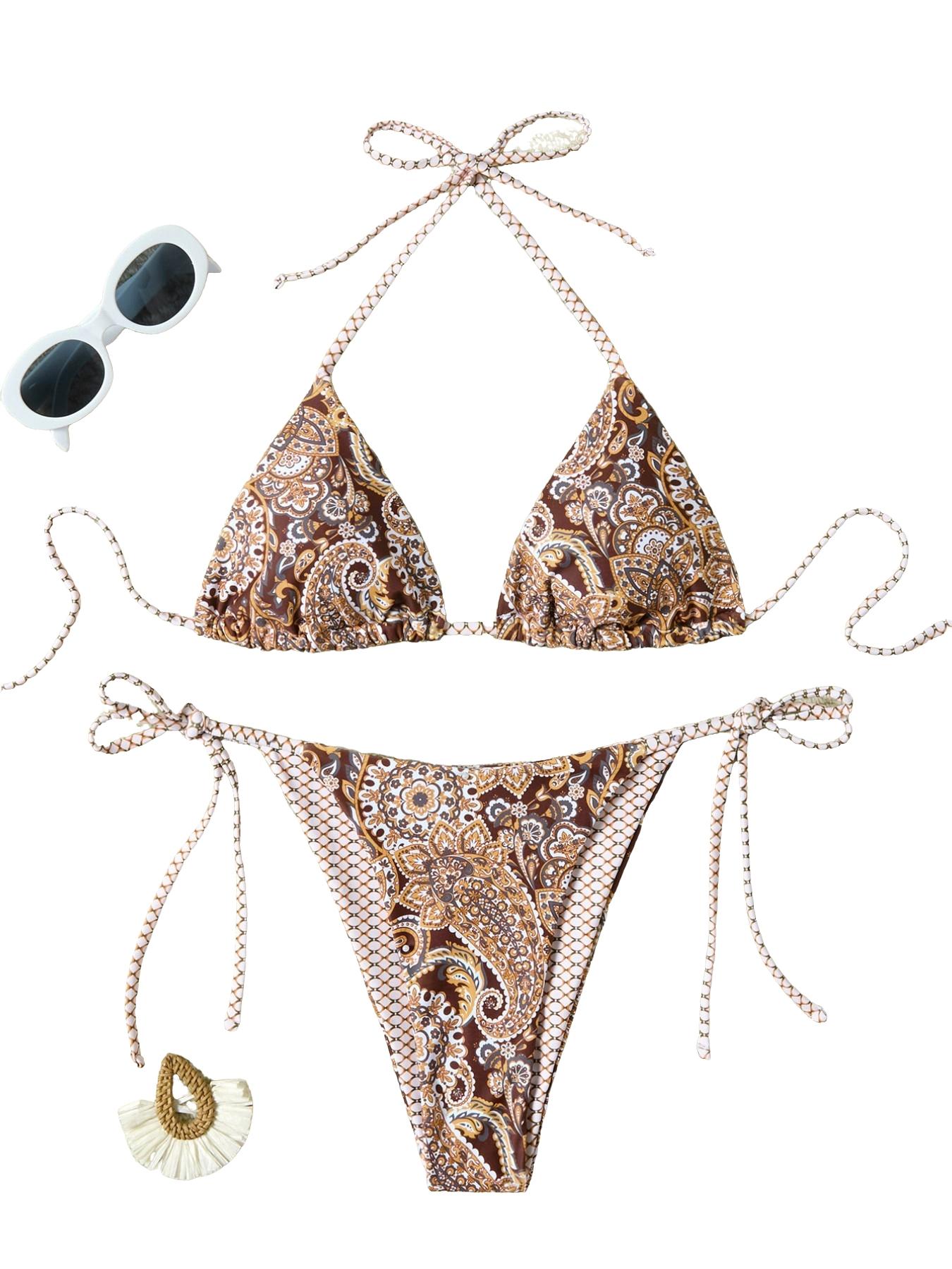Swim Women's Summer Vacation Beach Paisley Print Swimsuit Halterneck Bikini Set, Random Print