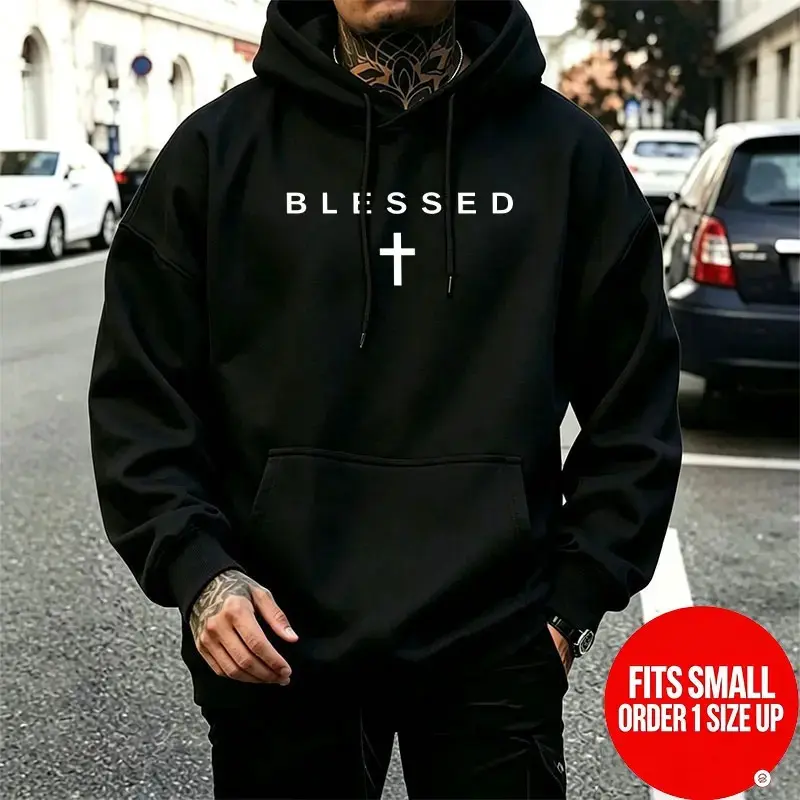 Unisex Blessed Cross Letter Graphic Hoodie - Faith Minimalist Streetwear Cotton Blend Longsleeves, Casual Oversized Loose-Fit Pullover Sports Outerwear for Men & Women
