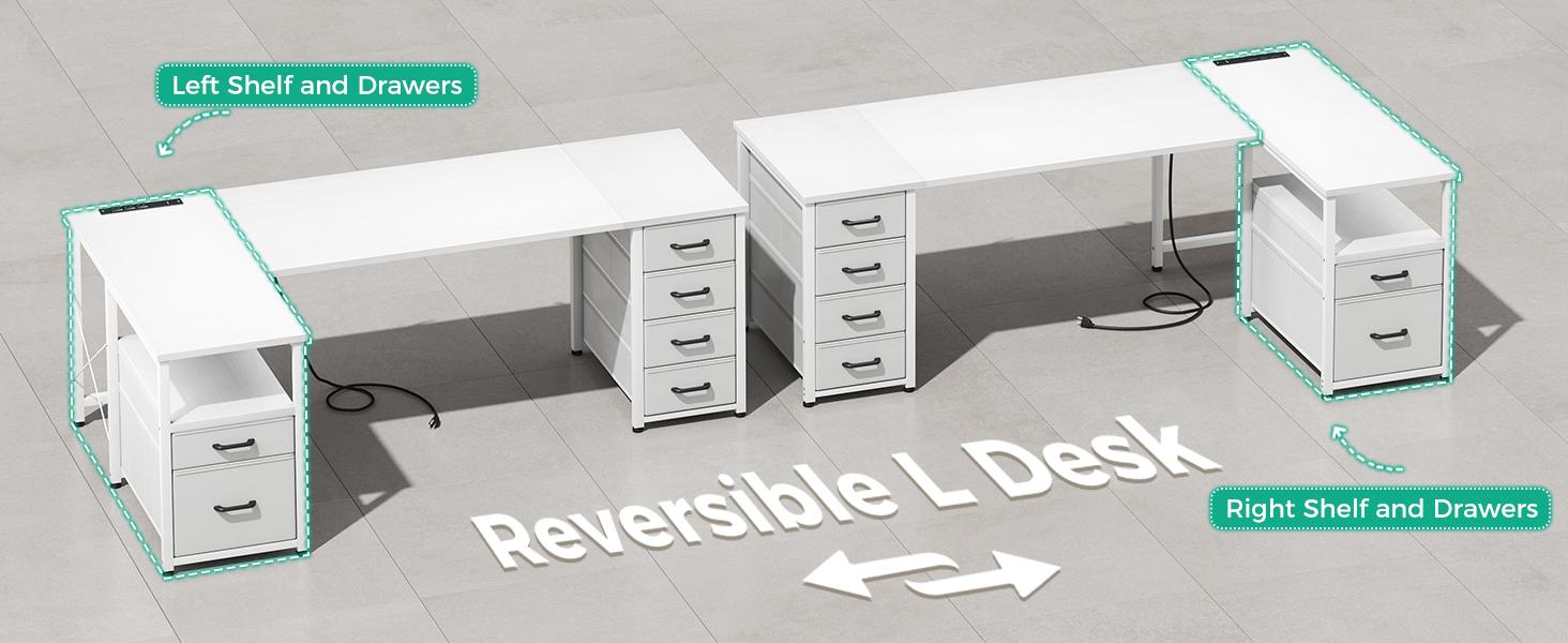 AODK Modern L-Shaped Corner Computer Desk - Large Workstation, Metal Frame, 6 Drawers, Reversible Storage Shelf, File Drawer, 1 Type-C Charging Port, Sturdy Legs, Easy WFH Setup for Home Office Commercial Furniture, L Shaped Workstation