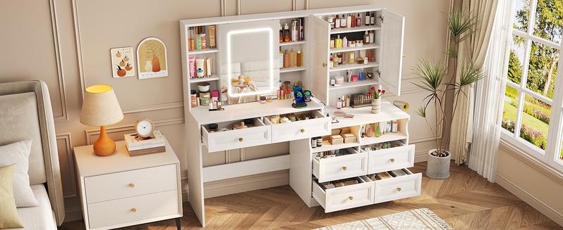 Vabches 58.6" Large Vanity Desk with Sliding Mirror & Lights, Black Makeup Vanity Table & Nightstand Combo with Power Outlet and 6 Drawers 15 Shelves with Light Strips for Bedroom Dressing Room