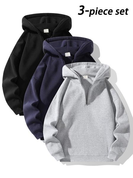 Men's Half-Zip Fleece Hoodie, Casual Long Sleeve Drop Shoulder Sweater, Thick Fabric for Fall & Winter, Sporty Fashion Pullover