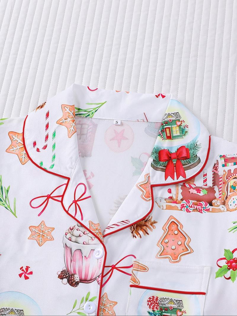 【Christmas Pyjamas】Women's Set, Watercolor Gingerbread Print, Short Sleeve Button Front Top & Elastic Shorts, Casual Home Wear, Loungewear