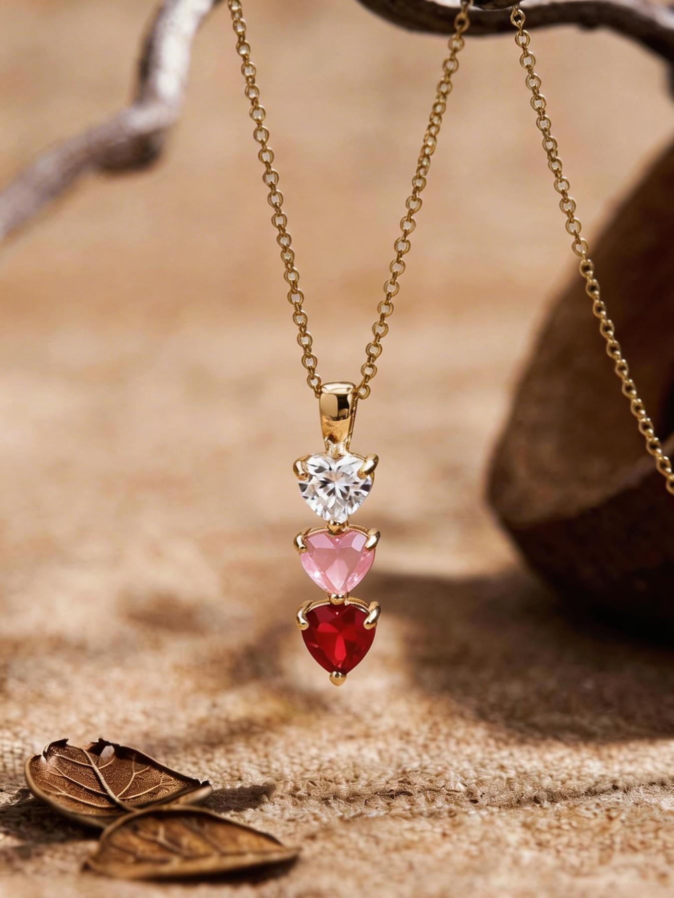 1 pcCopper gold-plated small pendant necklace with green and pink gradually changing heart-shaped gemstones, wedding necklace, bridesmaid gift, anniversary gift (for wife), grandmother gift (for mother), Mother's Day gift , Valentine's Day girlfriend gift