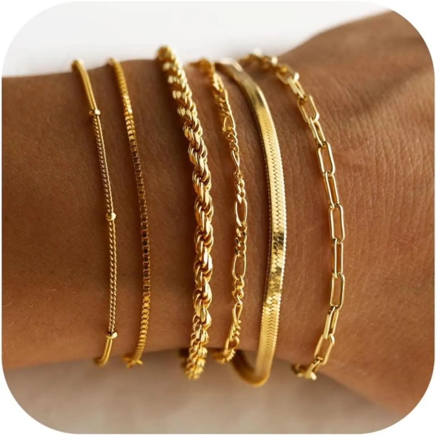 CASSIECA Women's Waterproof Tarnish Proof Jewelry Bracelet Stack Set - Trendy Thin Dainty Stackable Cuban Link, Paperclip Link, Figaro Chains - Female Daily Summer Wear Fashion Costume Jewelry Sohochic
