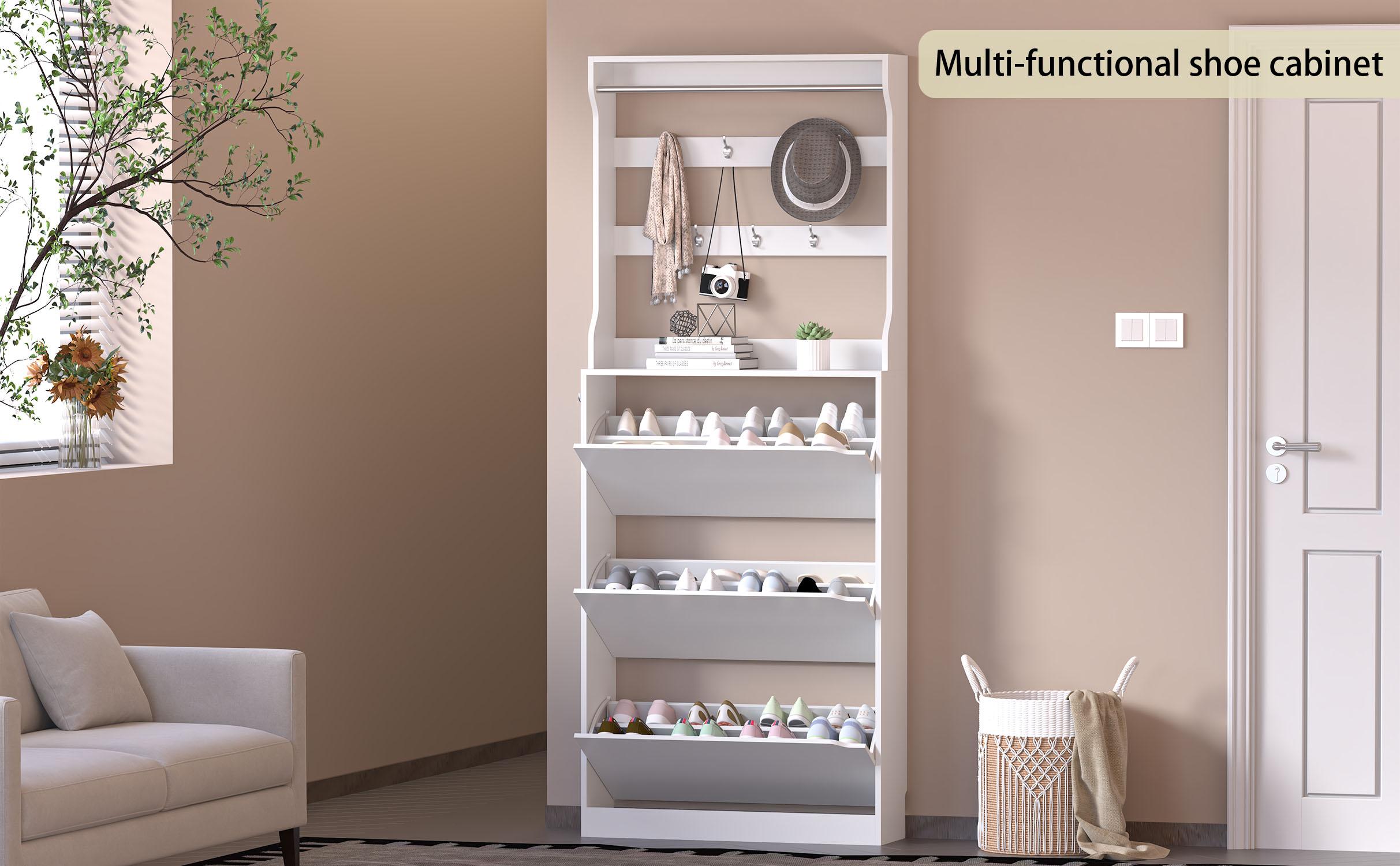 Home Decor Collection，Shoe Cabinet with 3 Flip Drawers & Coat Rack, Narrow Hidden Shoe Storage Cabinet, 2-in-1 Hall Tree Slim Freestanding Shoe Rack Organizer for Entryway, Hallway, and Living Room