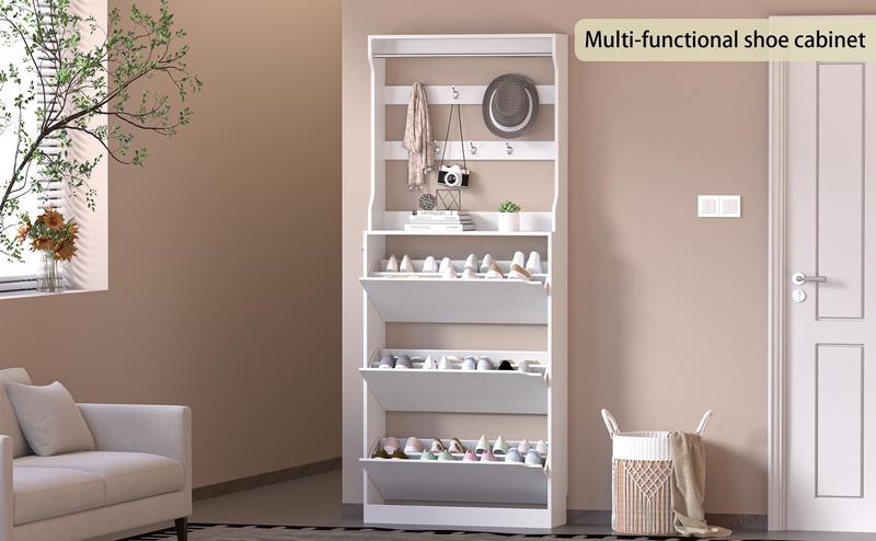 Home Decor Collection，Shoe Cabinet with 3 Flip Drawers & Coat Rack, Narrow Hidden Shoe Storage Cabinet, 2-in-1 Hall Tree Slim Freestanding Shoe Rack Organizer for Entryway, Hallway, and Living Room