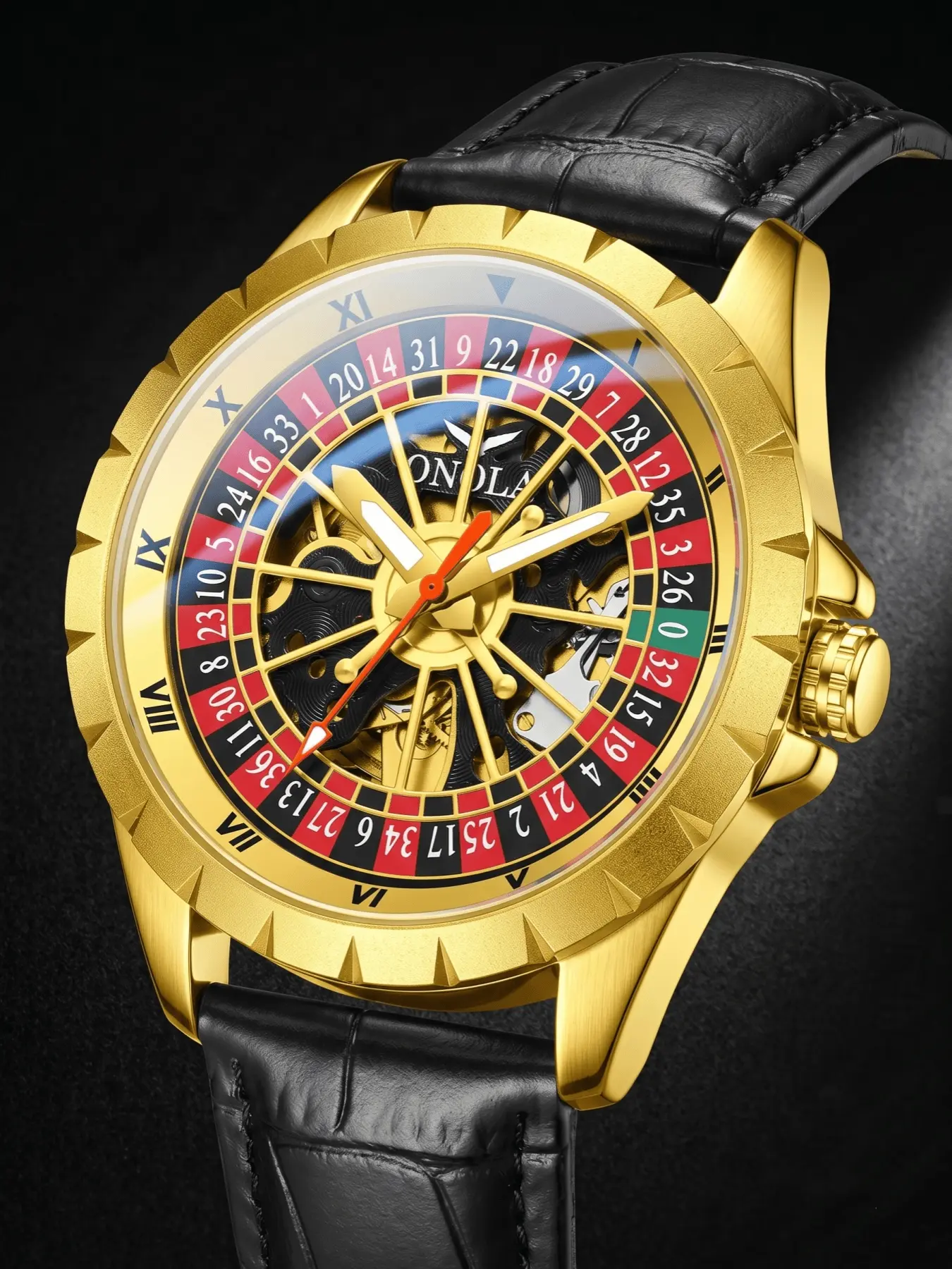 ONOLA Men Automatic Watch, Fashion Business Wristwatch, Round Roulette Hollow Skeleton Dial Crocodile Leather Strap Creative Trendy Self Winding Mechanical Watches Elegant Decorative Wrist Watch For Daily Matching