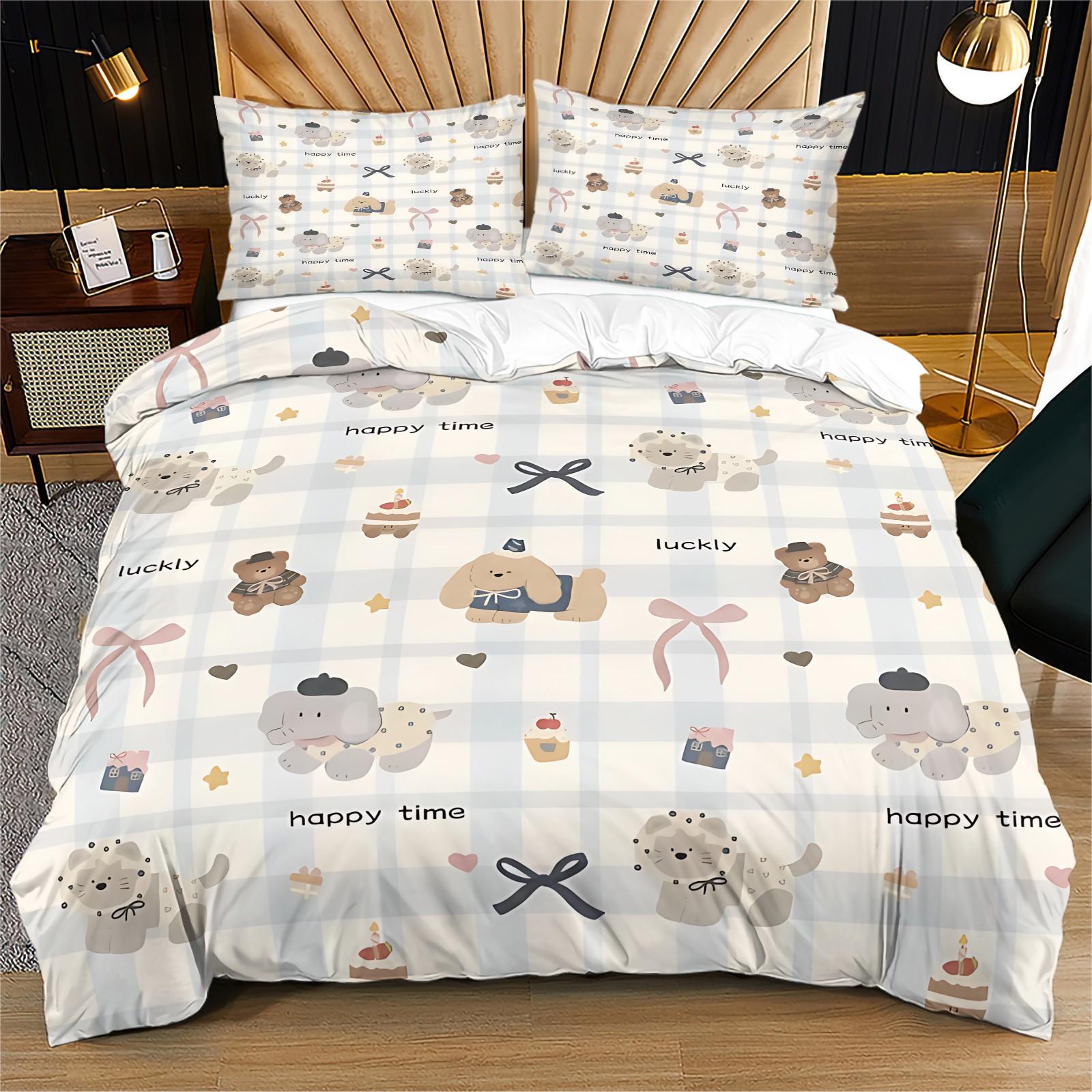 3-Piece Korean-Style Cute Cartoon Bear Checkered Duvet Cover Set, Perfect for Teenage Boys. Ultra-Soft Bedding, Fits a Double Bed. Full Queen-Size Duvet Cover Set (Filling Not Included)
