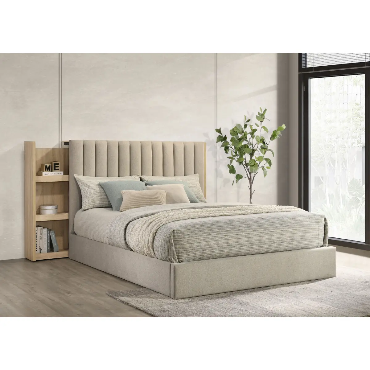 Meitt Light Oak Bookcase Storage Queen Bed