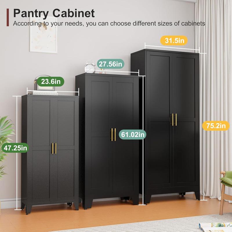 Geitin 47.25" Kitchen Metal Pantry Cabinet with 2 Doors, Adjustable Shelves, Gold Handles, Versatile Storage for Laundry Room,Living Room,Bathroom,Dinning Room