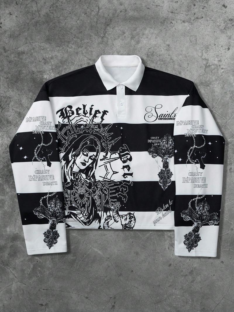 Men's Loose Fit Colorblock Collar Long Sleeve Knitted Polo Shirt, Casual Street Style, Fashionable Outdoor Sports Wear, All Seasons