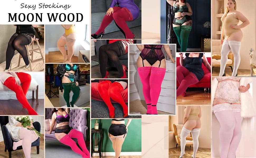 Moon Wood Plus Size Thigh High Stockings Womens 55D Semi Sheer Silicone Lace Top Stay Up Lingerie Thigh Highs Pantyhose Moon Wood Plus Size Thigh High Stockings Womens 55D Semi Sheer Silicone Lace Top Stay Up Lingerie Thigh Highs Pantyhose