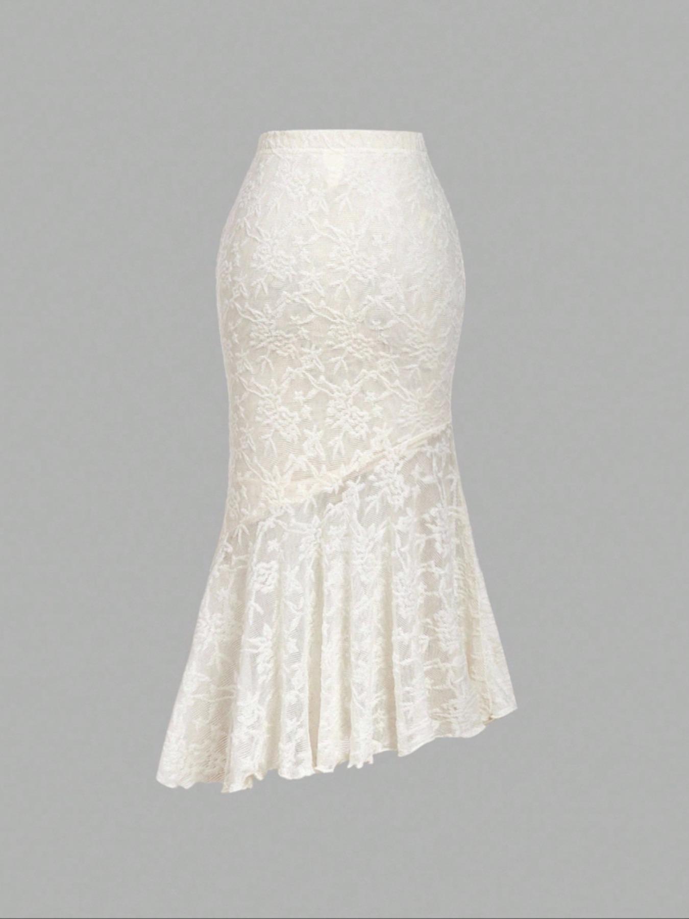 Women's asymmetrical textured apricot mermaid midi skirt, suitable for Halloween, Christmas, and autumn/winter wear. Can be worn as an outerwear skirt; chic, country style; Sheer Lace Skirt.