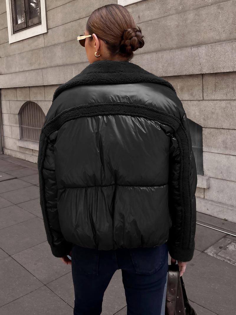 Women's Fall Winter Fur Coat, Stand Collar Warm Top, Motorcycle Style Patchwork Short Jacket, Casual Fitted Long Sleeve Outerwear