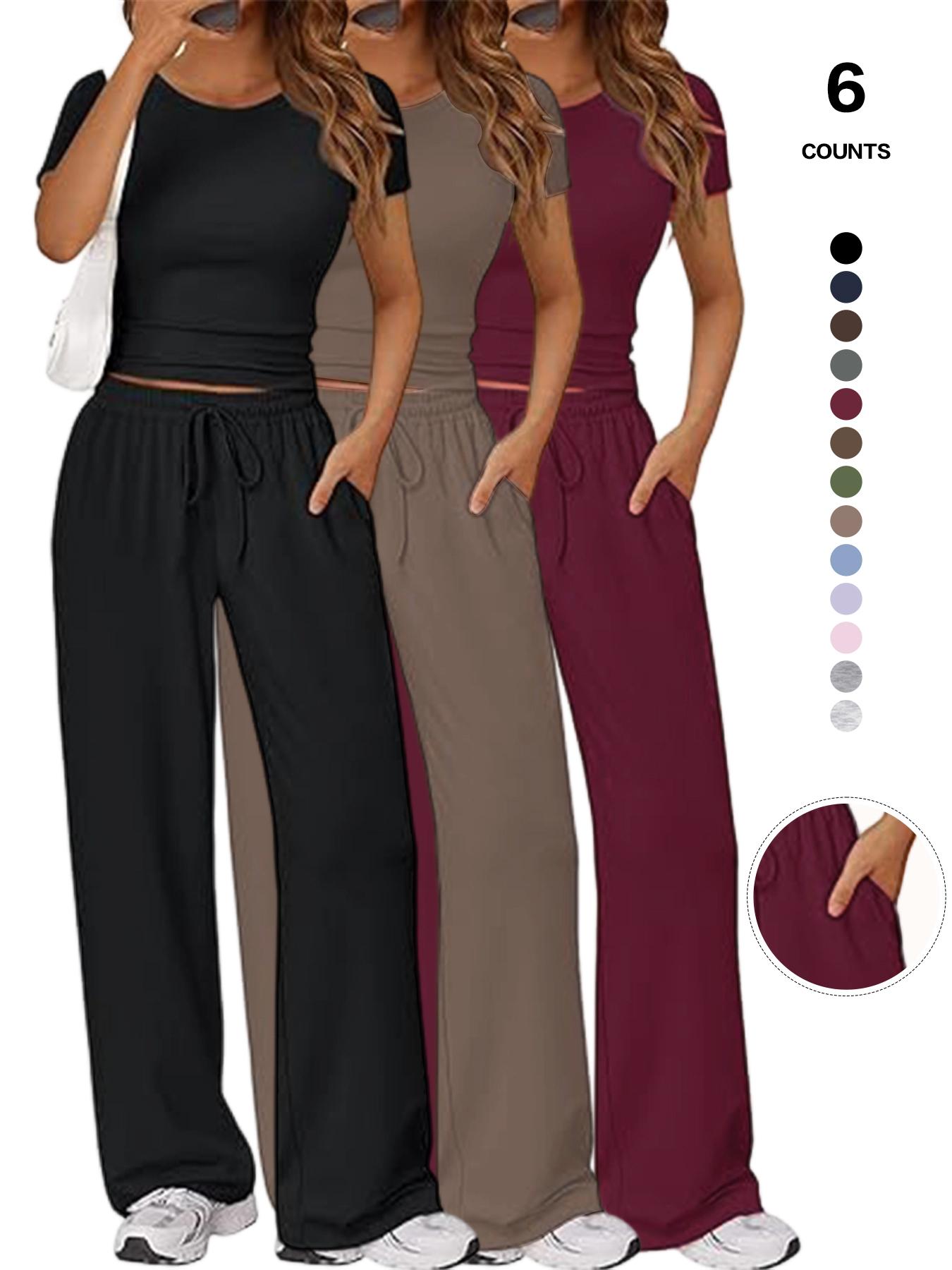 Women's Spring Summer Casual Set, Round Neck Short Sleeve Top & Wide Leg Pants, Slim Fit Home Wear, 2 Piece Comfortable