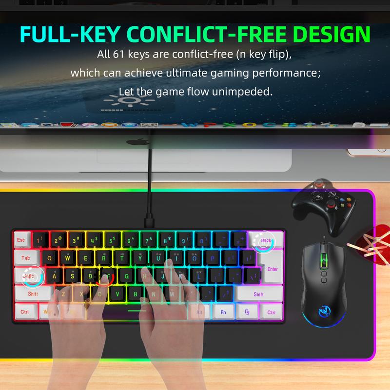 Keyboard and Mouse Combo Set, 61-Key Slim Membrane RGB Backlit Keyboard with Dual-Color Injection Keycaps and Optical Mouse, USB Plug-and-Play