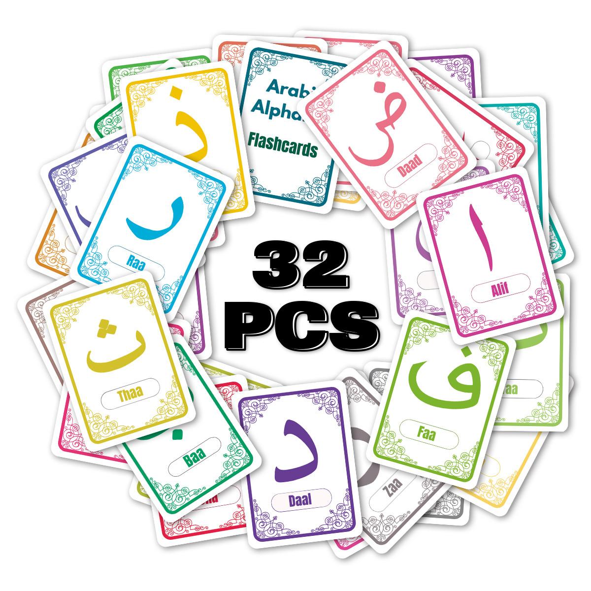 32pcs Arabic Alphabet Cards, Language Learning Cards for Beginners, Islamic Learning Tool for Arabic Script Recognition, Arabic Writing & Reading Learning Aid Cards, Vocabulary Flashcards, Word Cards