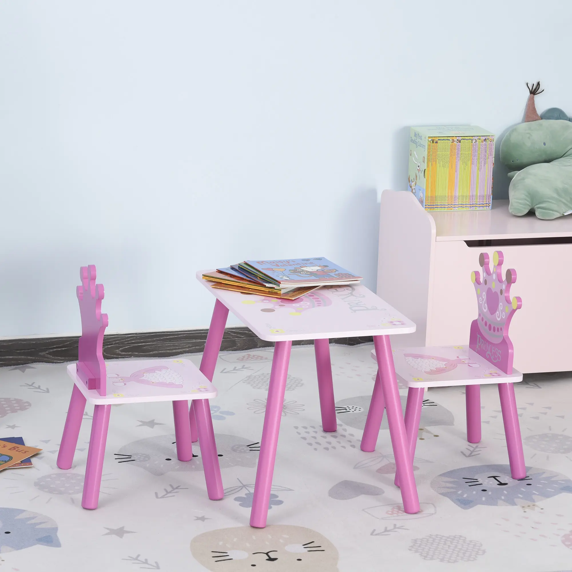Qaba 3-Piece Kids Wooden Table and Chair Set with Crown Pattern, Toddler Activity Table & 2 Chairs for Girls, Children’s Furniture Set for Arts, Crafts, Reading, Writing & Learning, Princess Style Playroom Furniture, Preschool Study Desk Set for Ages 2-4