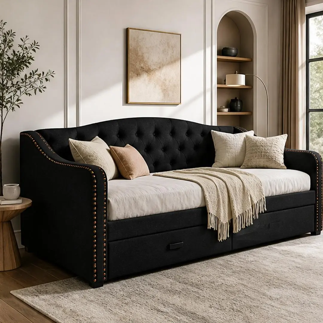 Full Size Linen Upholstered Daybed with Storage Drawers, Button-Tufted Back and Copper Nailhead Waved Arms, Black, 80.5'' W x 55.5'' D x 27.5'' H