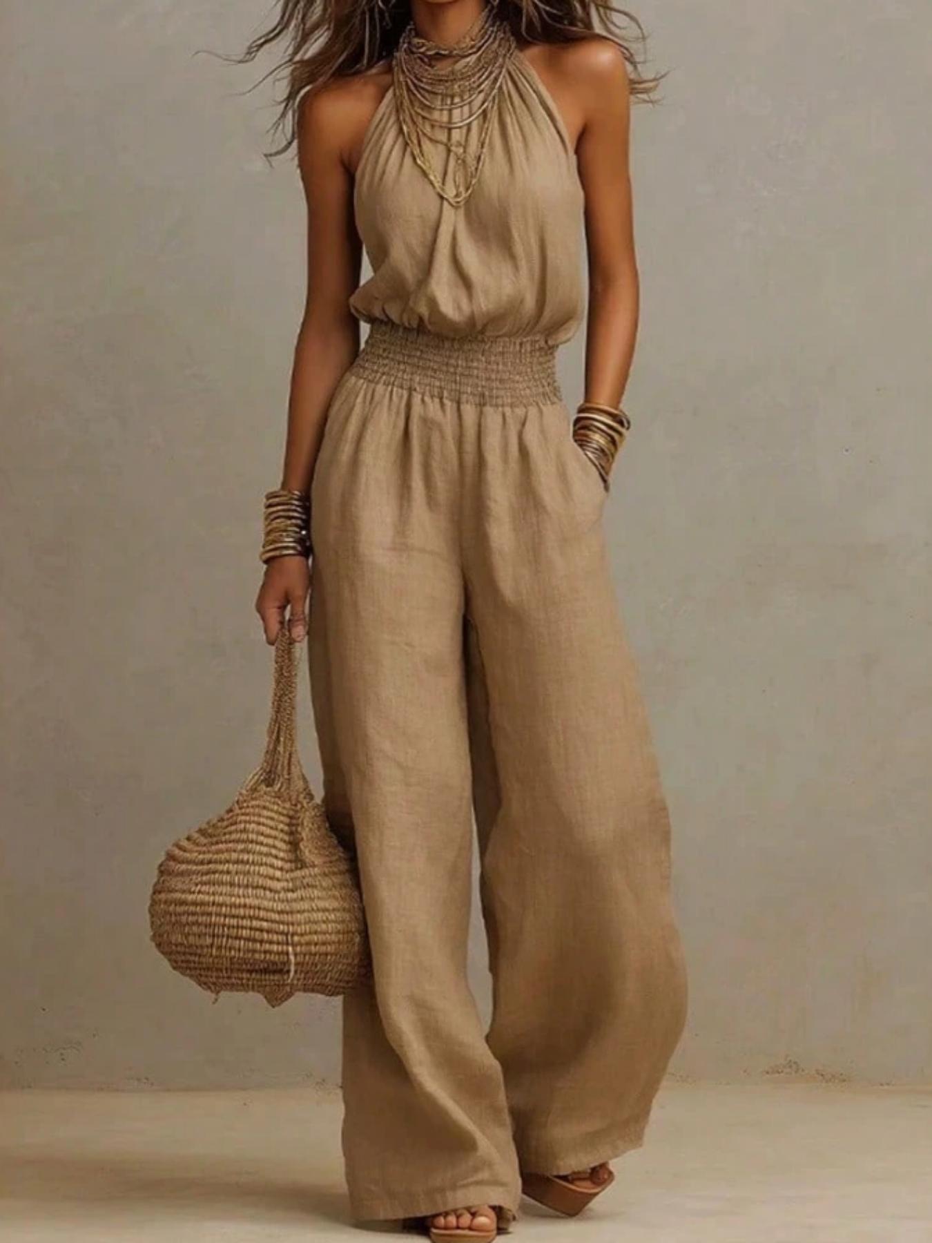 BohoChic Smocked High Waist Linen Blend Halter Neck Wide Leg Jumpsuit, Plain Ruched Jumpsuit, Sleeveless Pocket Design Casual Outfit for Beach Vacation Bohemian Daily Wear, Oversized Loose Fit Resort Romper Outfit Women Apparel