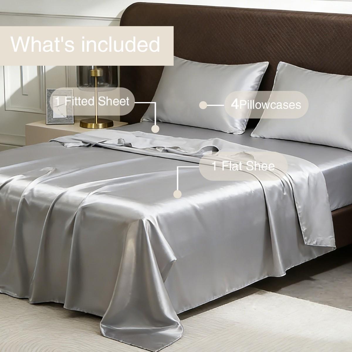 6-piece 100% polyester satin bed sheet set, including (1 fitted sheet + 1 flat sheet + 4 pillowcases), complete bedding set, solid color, machine washable - bedroom essentials, suitable for single, double, king, and queen size beds.