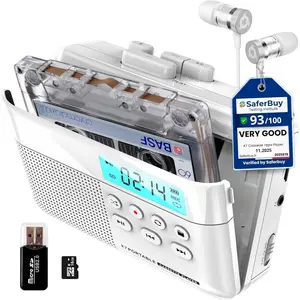 K7 Cassette Tape Player - Cassette to MP3 Converter - Portable - -in Microphone & Speaker - Rechargeable  - Earphones - 16GB SD Card - White