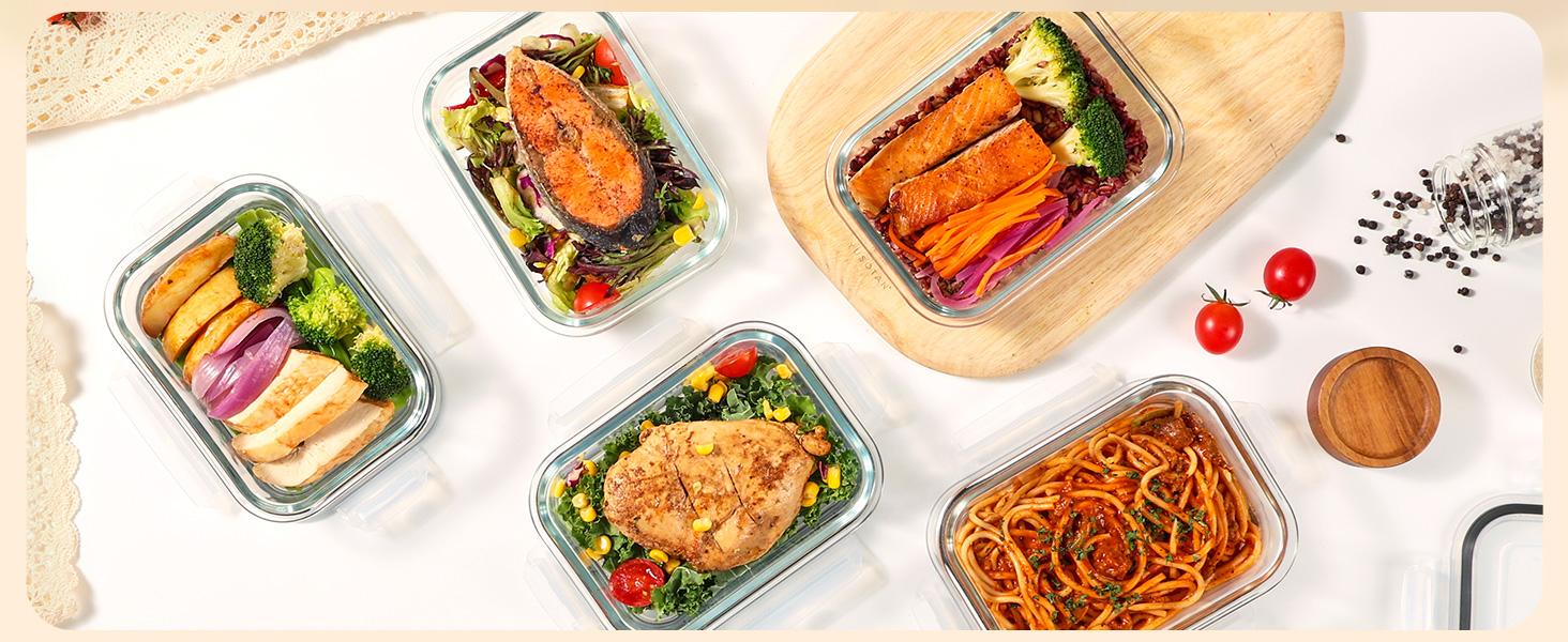 5Pack 22oz Glass Storage Containers with Lids, Glass Meal Prep Food Container Sets with Snap Airtight Lid for Microwave, Oven, Freezer and Dishwasher, Grey