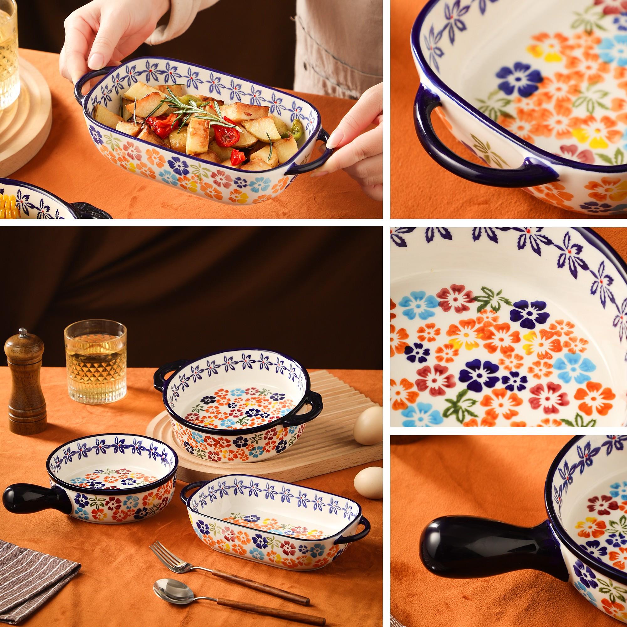 Vintage Ceramic Baking Tray, Heat Resistant Bakeware, Rectangle Fruit Bowl & Cheese Baked Rice Serving Dish, Ideal for Oven & Microwave Use at Home, Thermal Casserole Dish