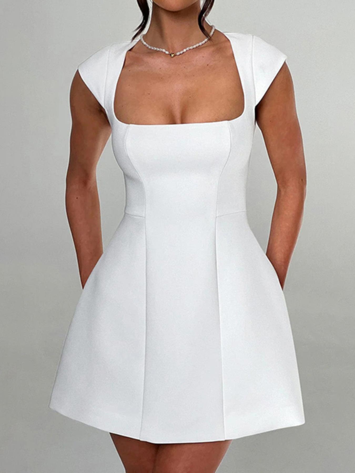 Women's Plain Square Neck A Line Dress, Formal Wear, Elegant Cap Sleeve Short Dress for Party Holiday Wedding Guest, Ladies Fall Clothes