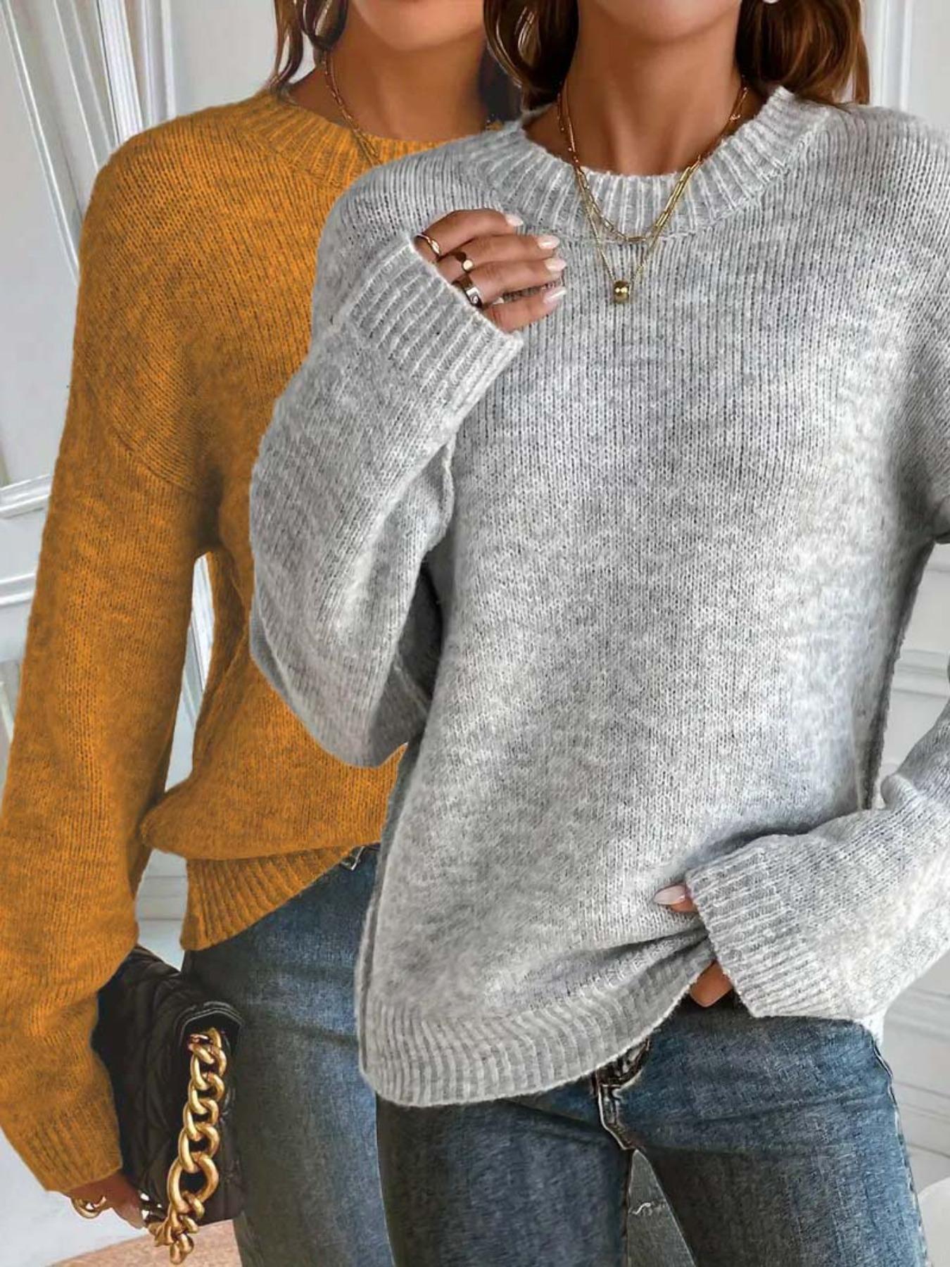 Women's Plain Drop Shoulder Knitted Sweater Pullover, Casual Chic Fitted Long Sleeve Round Neck Jumper for Daily Outdoor Wear, Ladies Knitwear for All Seasons,Gifts For Women