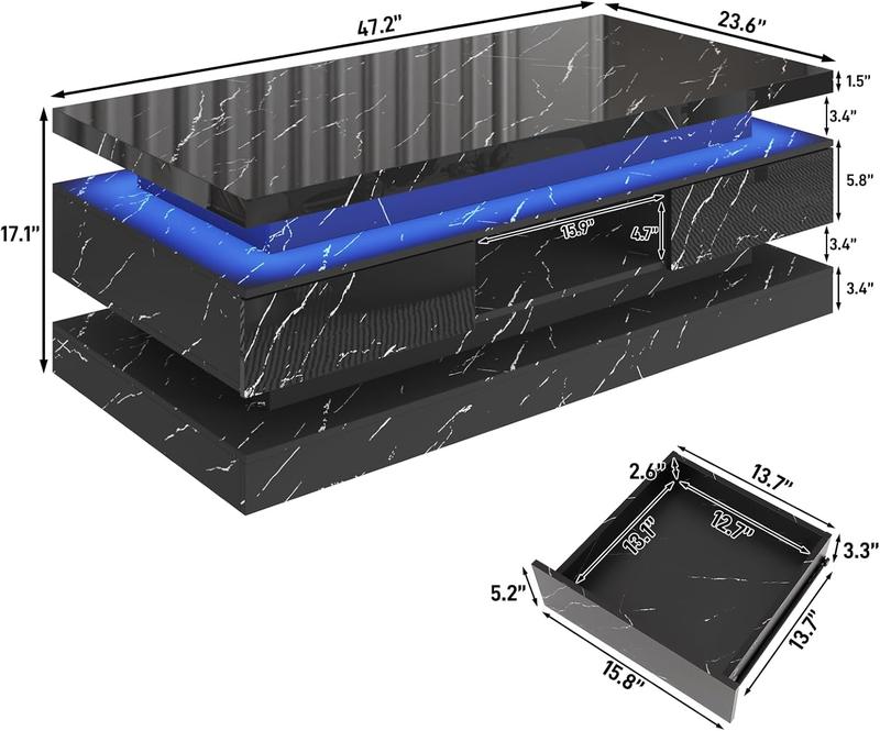 47.2 inch Modern High Glossy LED Coffee Table with 2 Sliding Drawers, Double-Layer Center Tables with LED Lights for Livings Room Furniture, Black