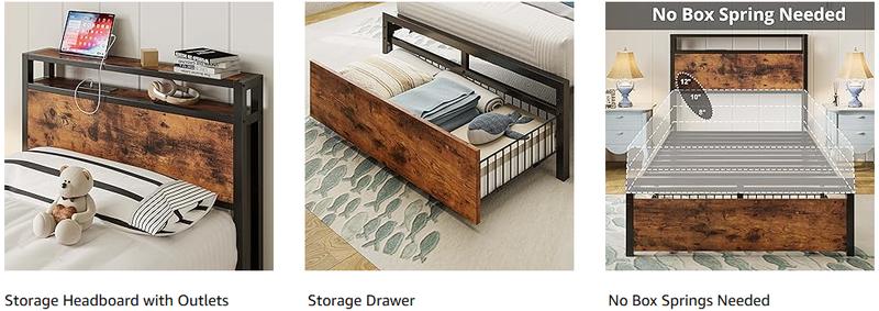 LIKIMIO Twin/Twin XL Bed Frames with Drawer, Storage Headboard with Outlets, No Box Spring Needed, Easy Assembly LIKIMIO Twin/Twin XL Bed Frames with Drawer, Storage Headboard with Outlets, No Box Spring Needed, Easy Assembly