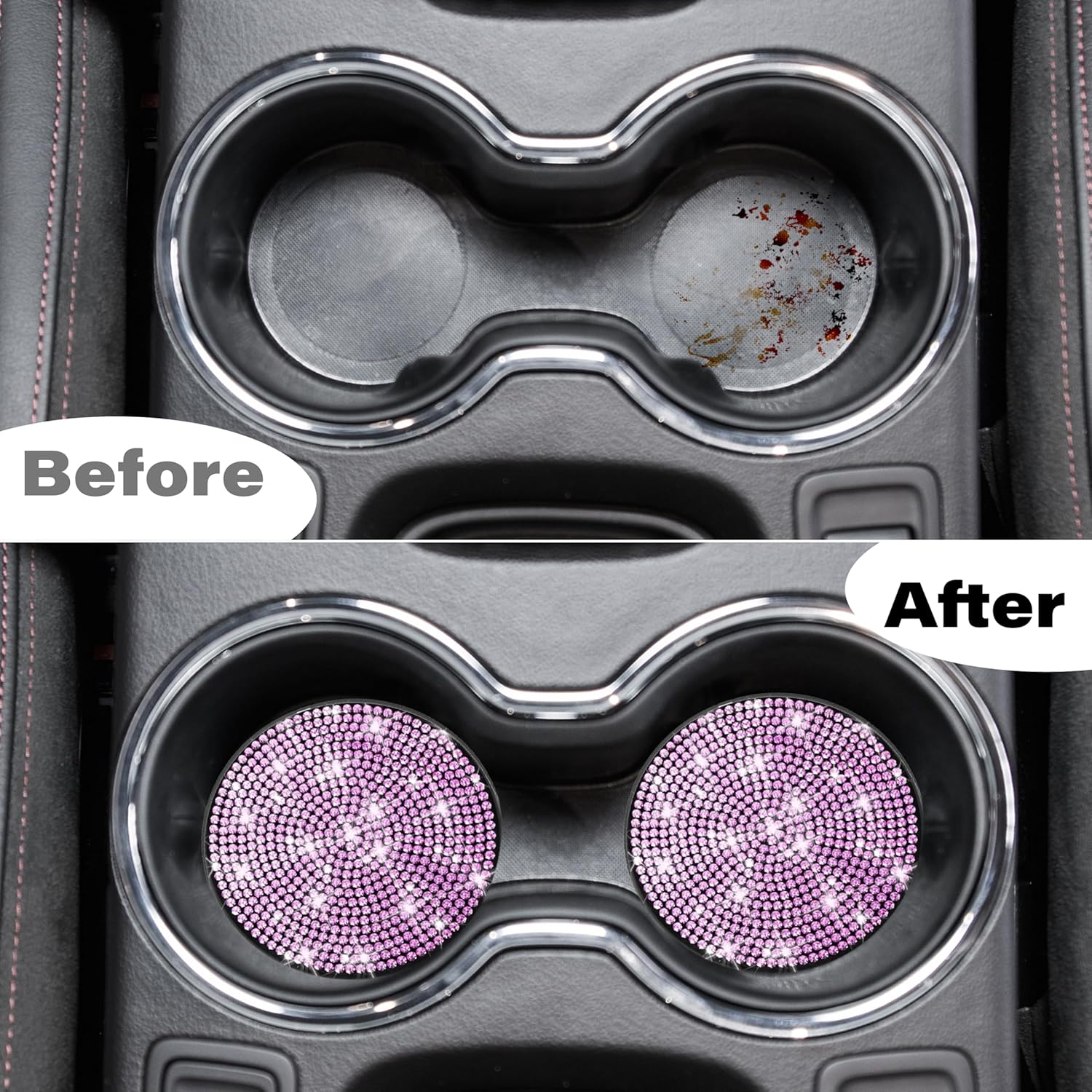 2 PCS Bling Cup Holder Coaster, 2.75 inch Diamond Universal Non-Slip Silicone Cup Holder Coasters, Sparkly Bling Car Accessories for Women (Purple)