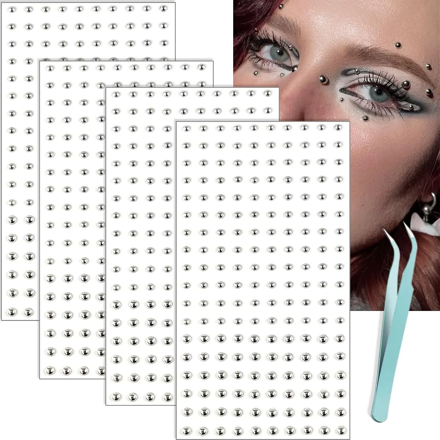 Face Gems Fake Piercings Set - Self-Adhesive Lip Nose Eyebrow Ring Stickers, Fake Piercing Balls, Silver Punk Y2K Makeup Accessories for Women MenGift