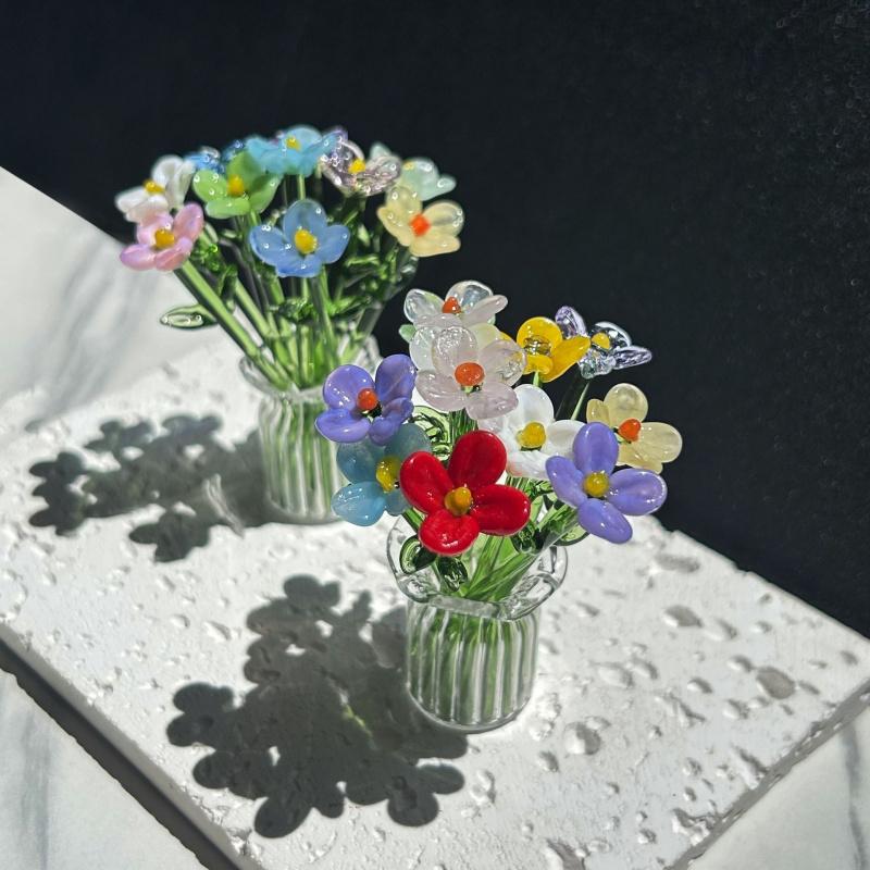 1/2/4/6/11PCS/SET Creative Mini Glass Flowers with Vase European Style Decorative Small Vase Set Elegant Crystal Clear Transparent Floral Bouquet Vase Office Desk Decor For Birthday Anniversary Mother's Day Handmade Glass Flower Bouquet Small Flower Gift
