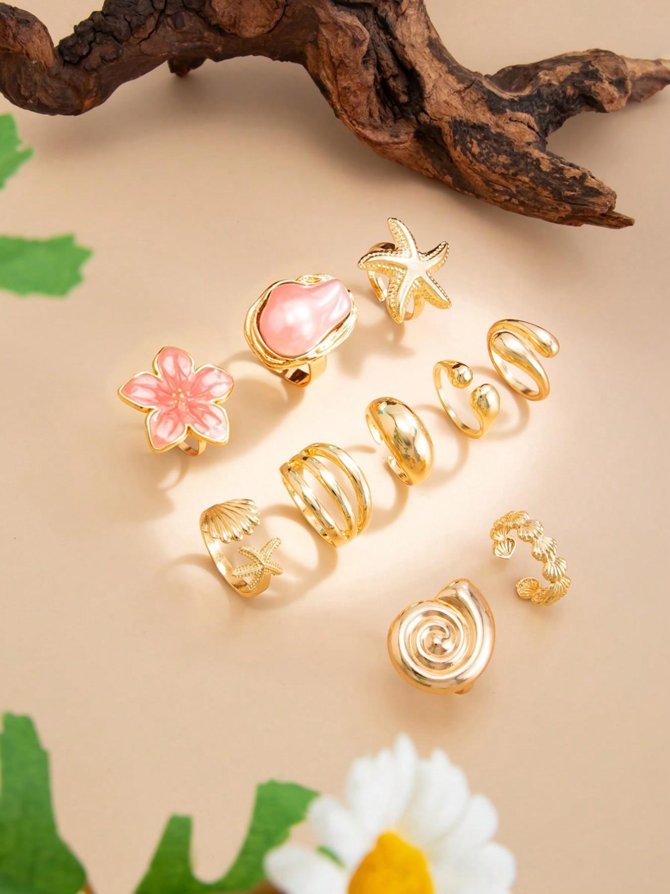 10 Pcs Boho Beach Starfish Ring Set, Boho Style Rings, Alloy Flower Stackable Finger Rings, Beautiful Rings, Party Jewelry, Gift for Holidays, Birthday and Beach