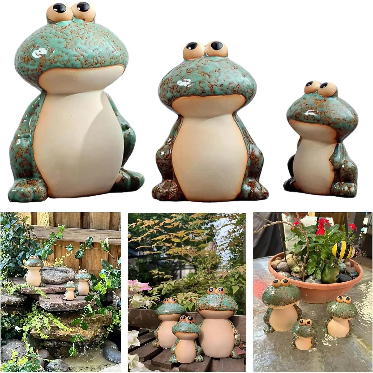 Ceramic Frog Garden Decor Set of 3 - Funny Cute Frog Lawn Ornaments, Outdoor Pond Patio Statues for Yard, Front Porch, Backyard Decor (Dad, Mom &  Frogs)