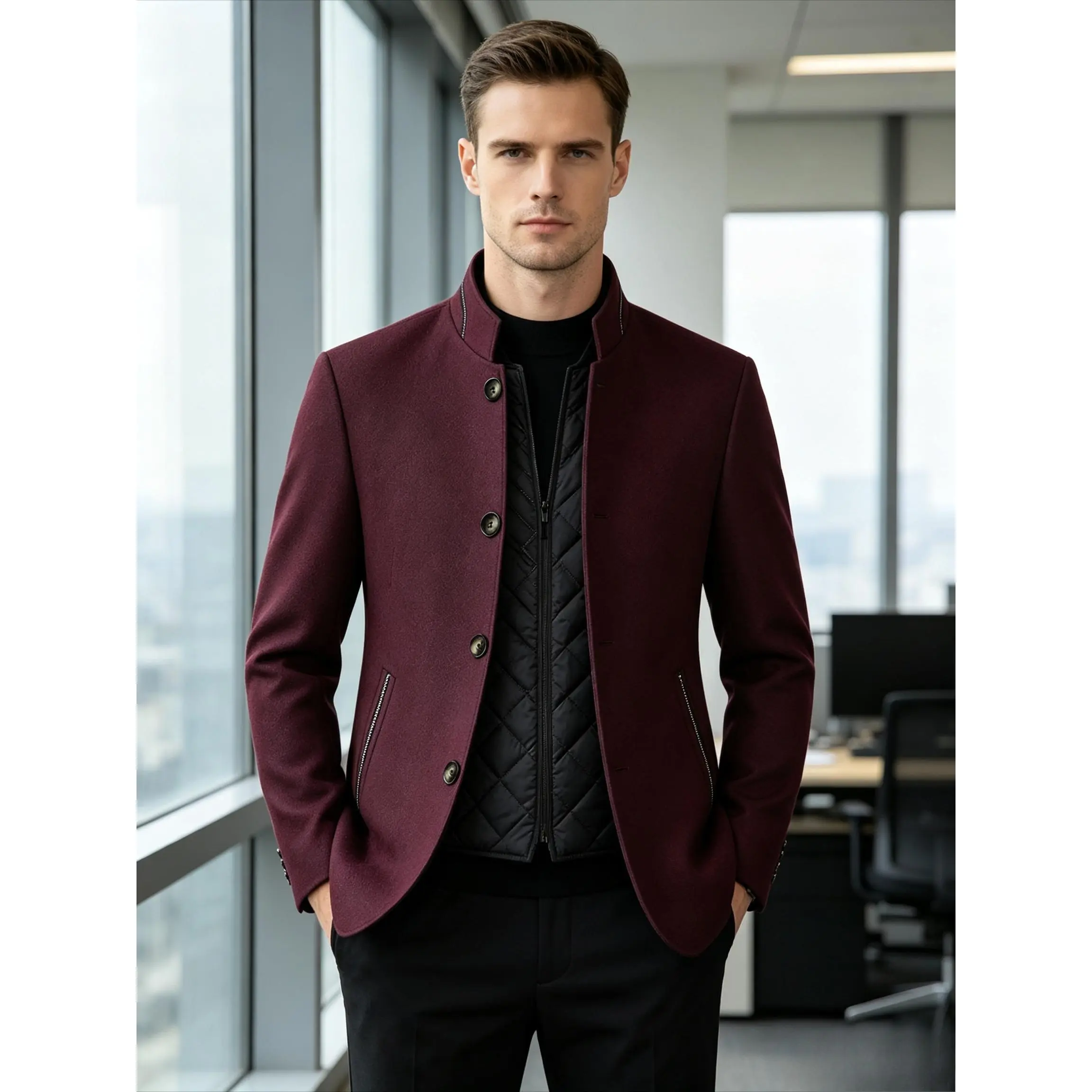 Men's practical work jacket, suitable for everyday work wear, appropriate for work settings Men's Coat, Single Breasted Business Casual Jacket, Warm Mid Length Overcoat Formal Business Jacket, Warm Outerwear for Office Work